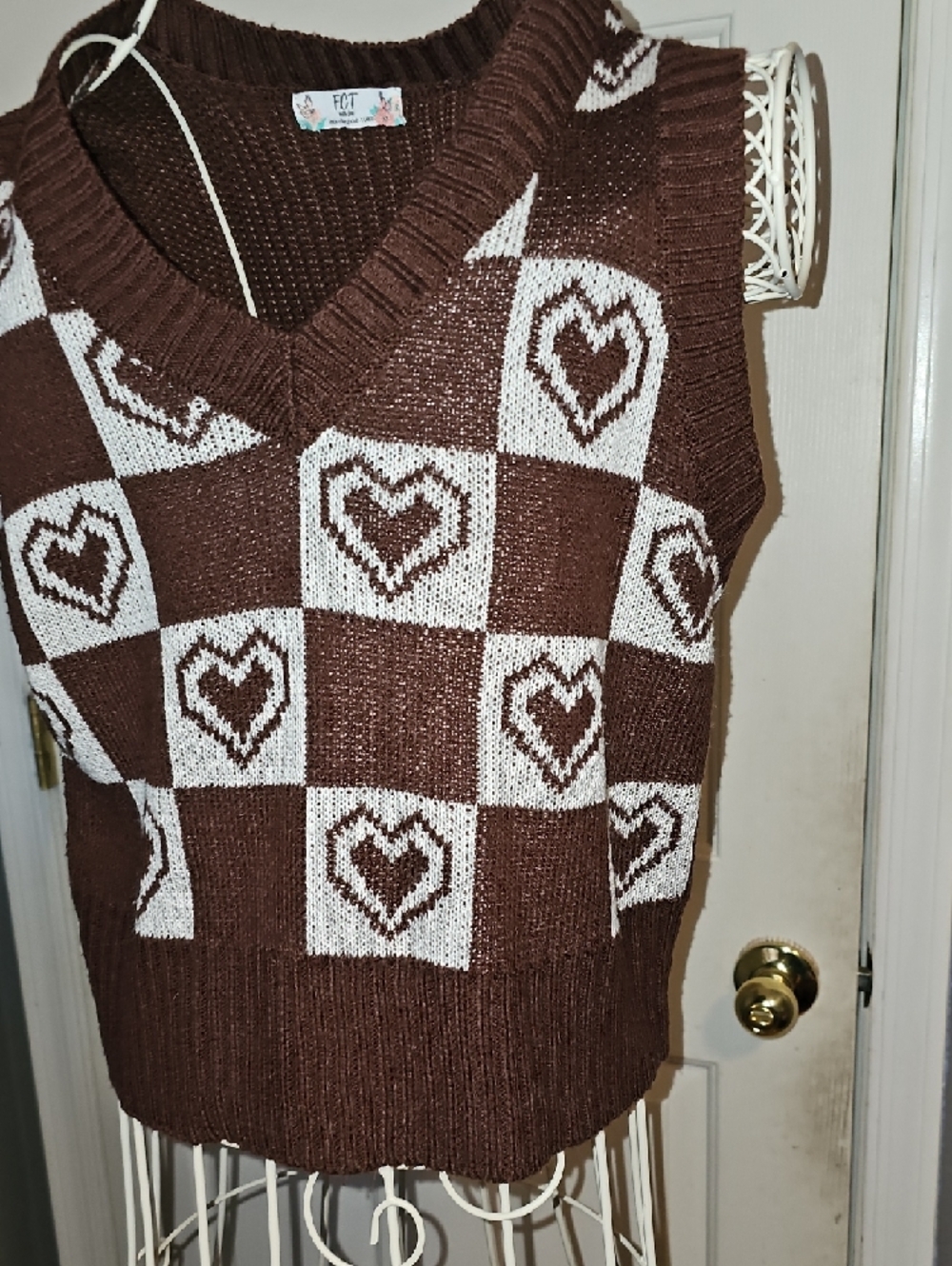 FCT Brown and Cream Heart-Check V-Neck Sweater Vest 19" Length